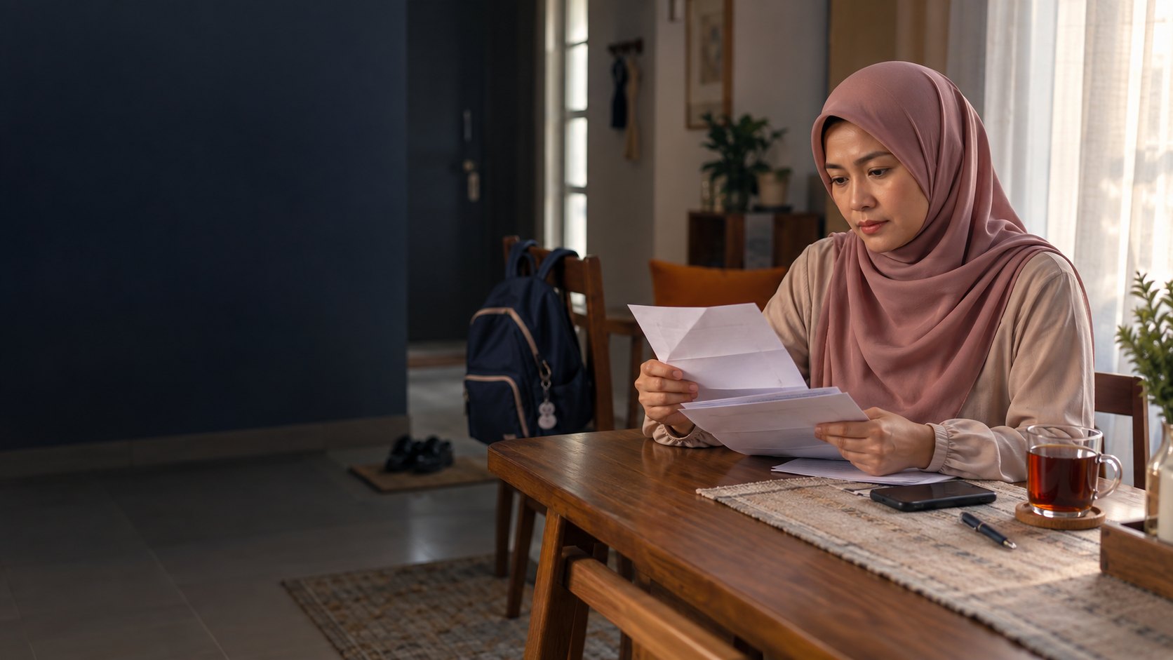Seorang wanita membaca dokumen di meja makan di rumah dengan tenang