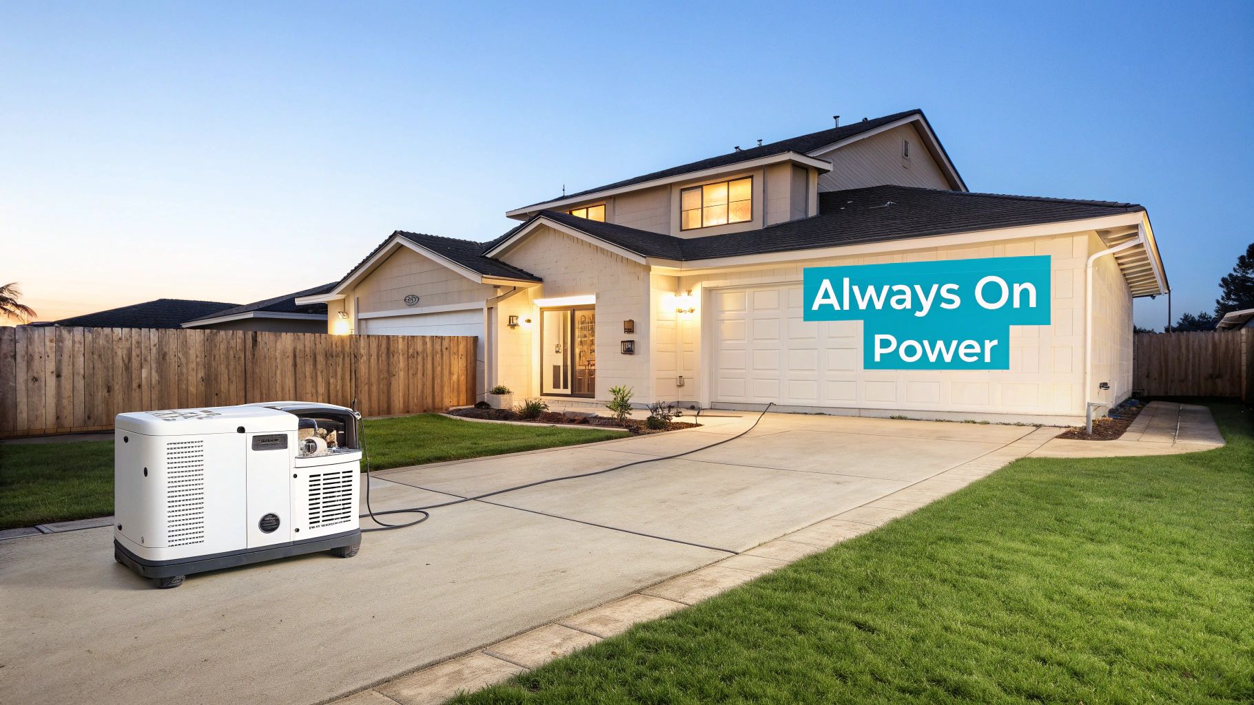 a home with a standby generator in the driveway and a blue text that reads 'always on power' in front of the garage door