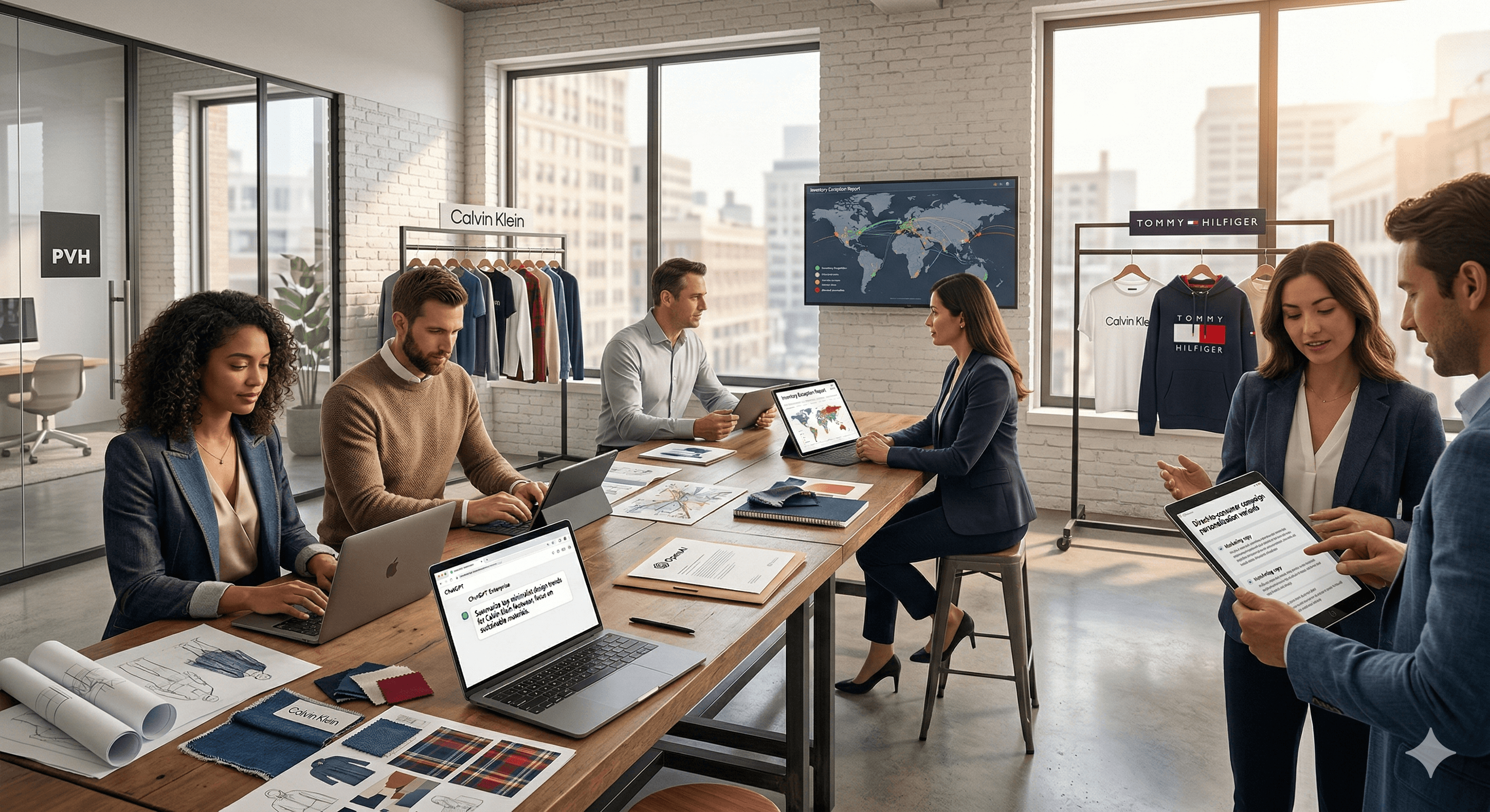 A team of professionals collaborates in a modern office with laptops displaying fashion designs, surrounded by Calvin Klein and Tommy Hilfiger apparel, reflecting PVH's innovative use of OpenAI's ChatGPT in the fashion industry.