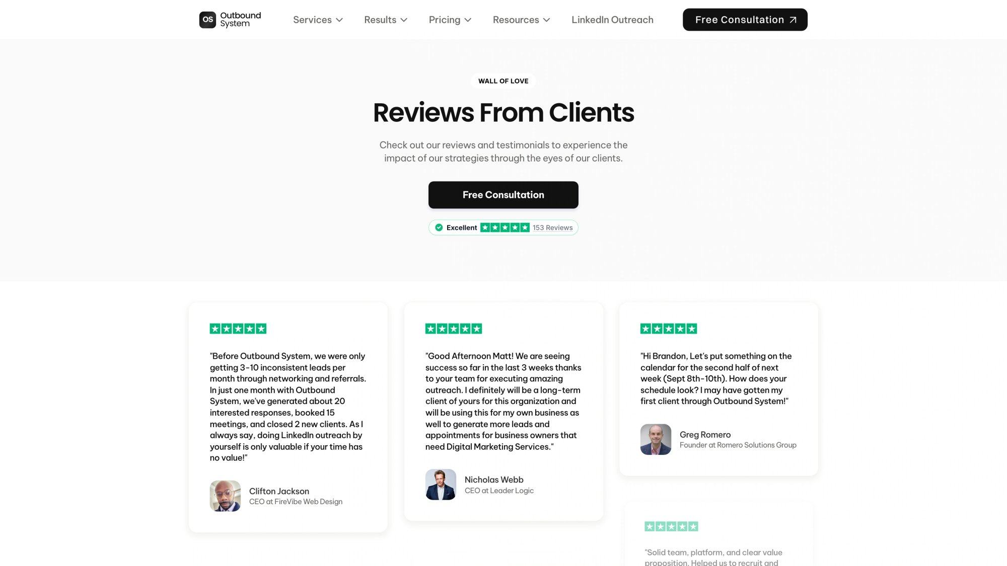 Outbound System client testimonials showcasing cold email infrastructure success stories