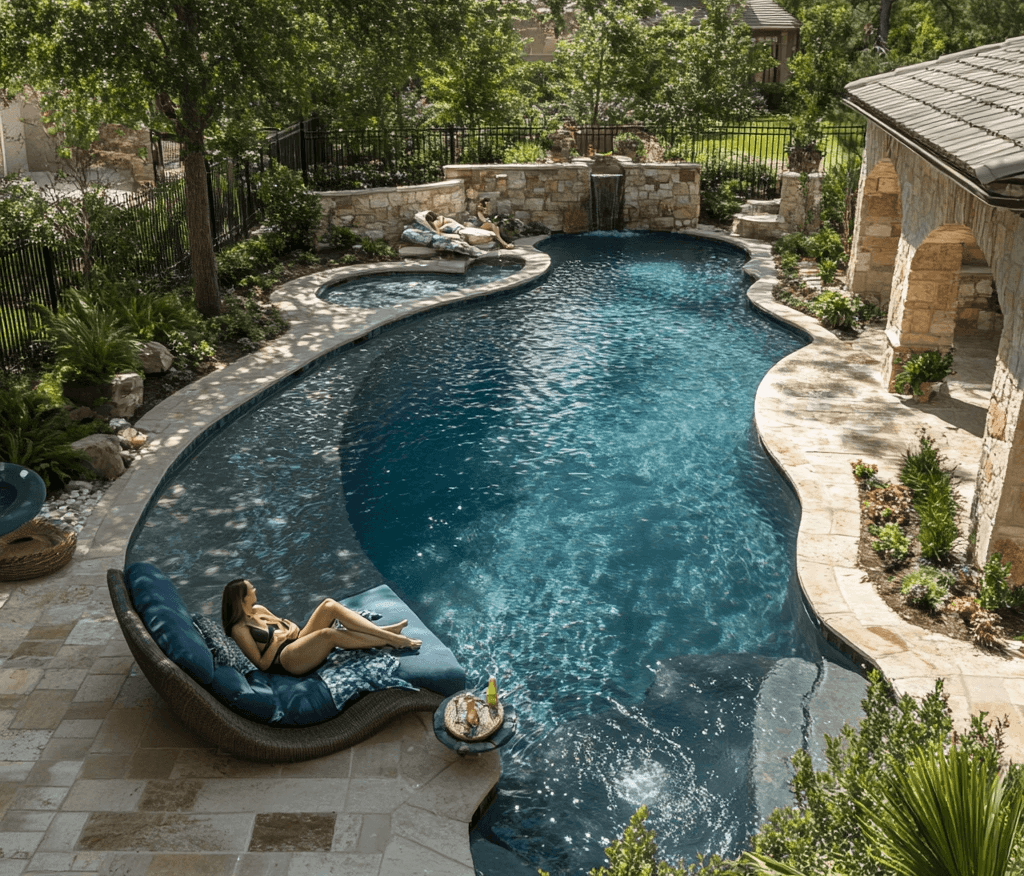 couple enjoying their beautiful pool in Grand Prarie that gets weekly service from Poolside, TX