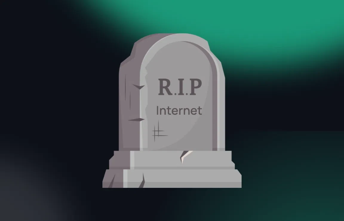 Illustration of a gravestone with “R.I.P Internet” engraved, symbolizing the idea of the internet’s decline or the “dead internet” theory.