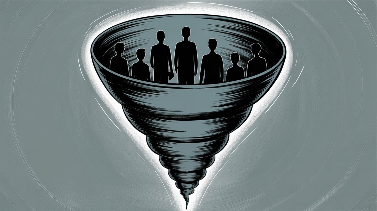 Dark shadowy funnel illustration representing anonymous B2B buyer research and the invisible dark funnel journey before sales contact
