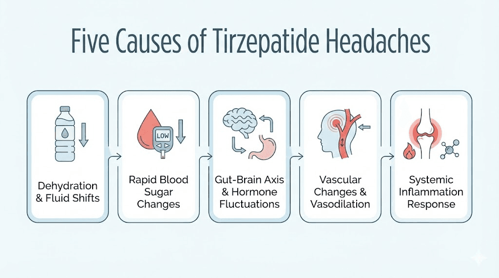 Five main causes of headaches during tirzepatide treatment infographic
