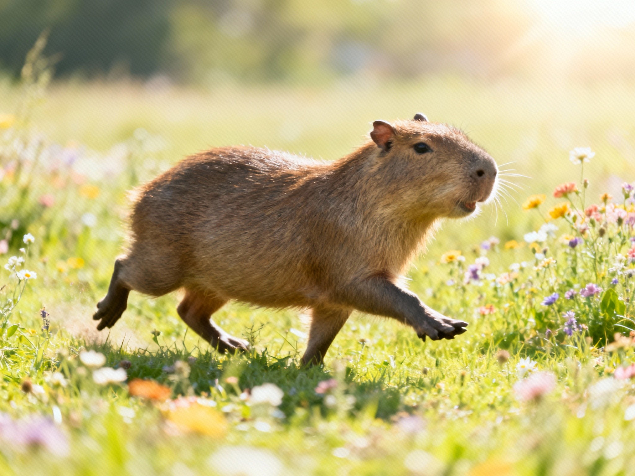 A vibrant wide landscape photograph featuring a close-up of a cute capybara frolicking in a sunlit