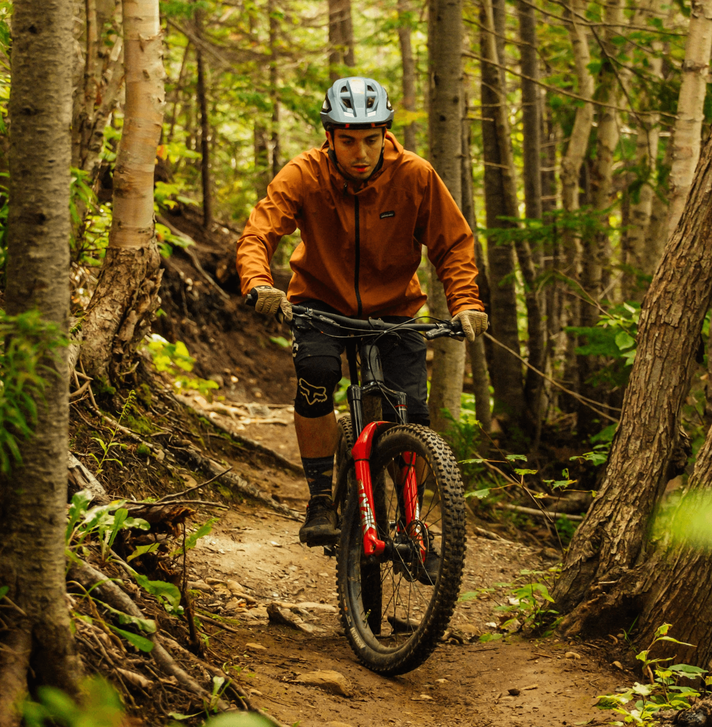 a man riding a mountain bike through a forest