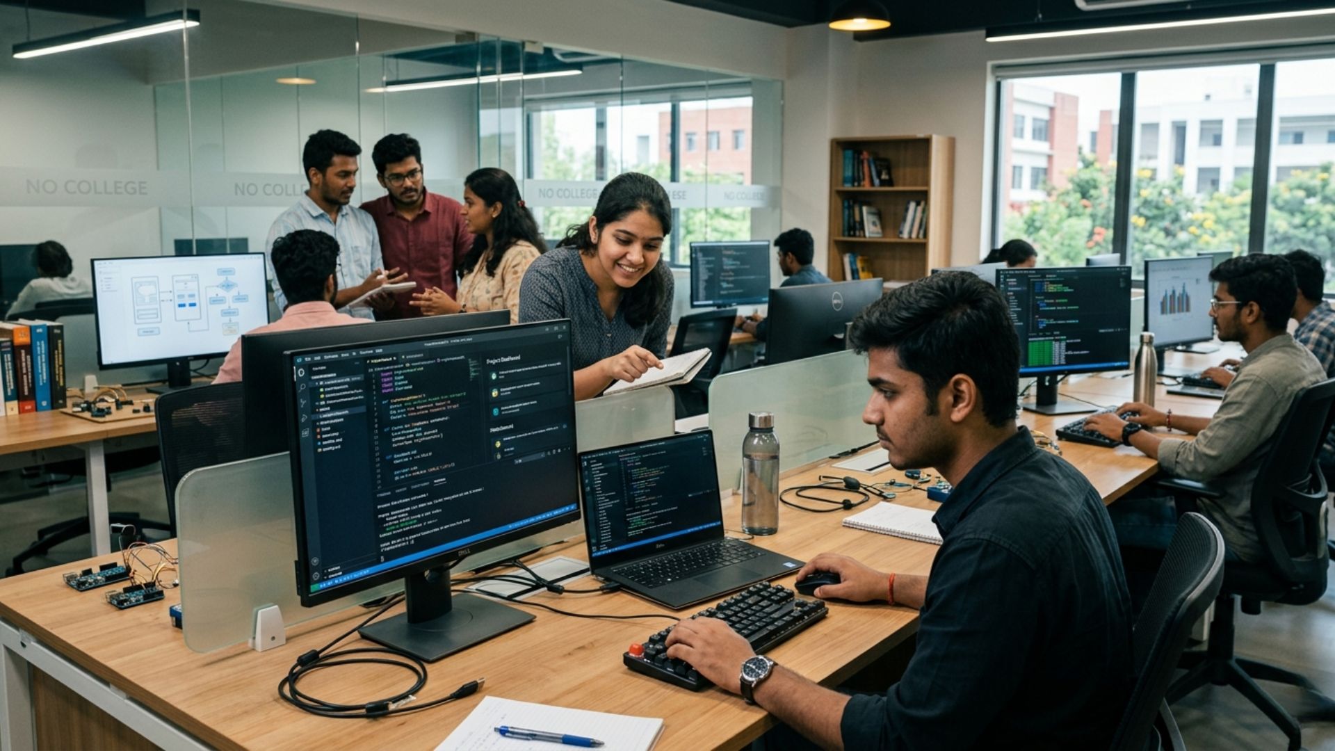 Students learning coding and collaborating in a modern computer lab at one of the best colleges for computer science in India.