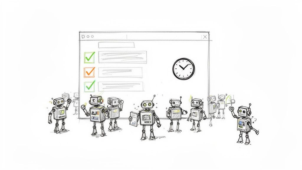 Illustration of numerous robots performing tasks on a digital interface with checks and a clock.