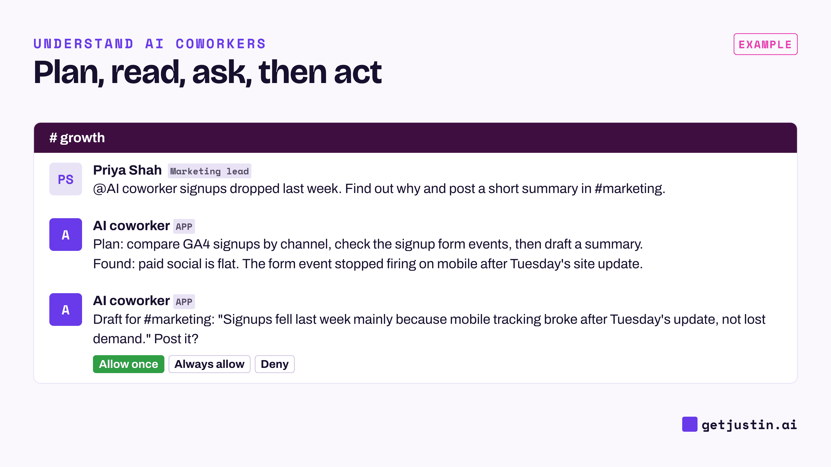 Example thread: the AI coworker shares its plan and findings, then asks before posting in another channel