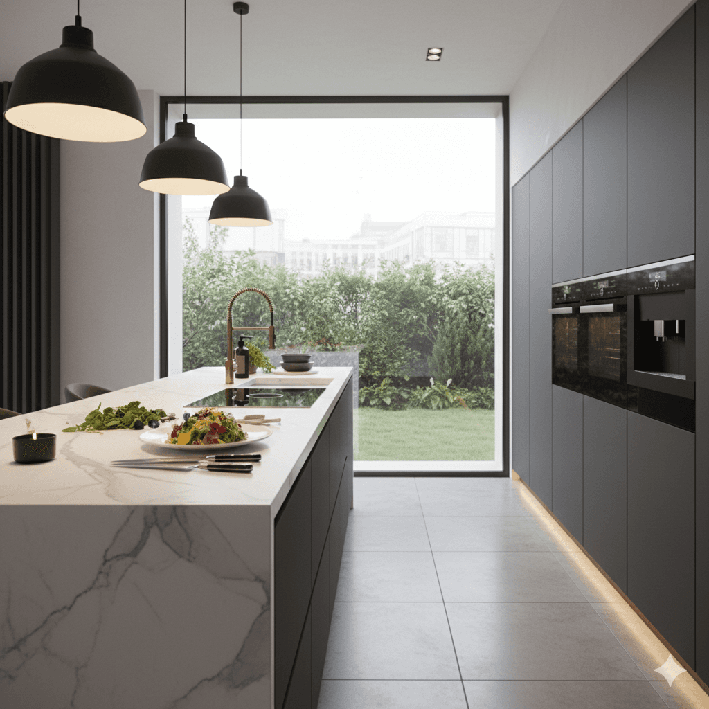 Modern minimalist modular kitchen with marble island and designer lighting in Sector 106 residential project