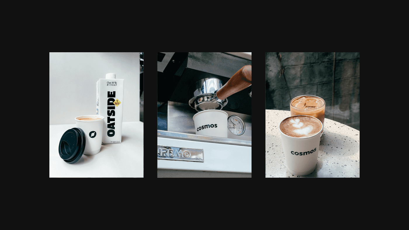 Collage of the Cosmos logo appearing in different shots of coffee cups.