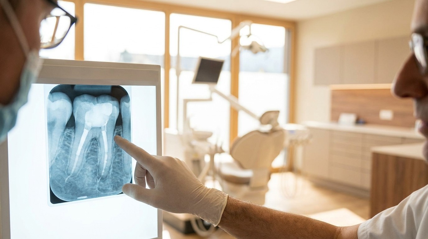 A dentist points to a molar with a completed root canal on a backlit dental X-ray in a modern clinic.