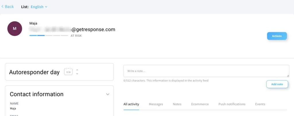  GetResponse, the contacts view showing list membership and total contact count against the plan limit]