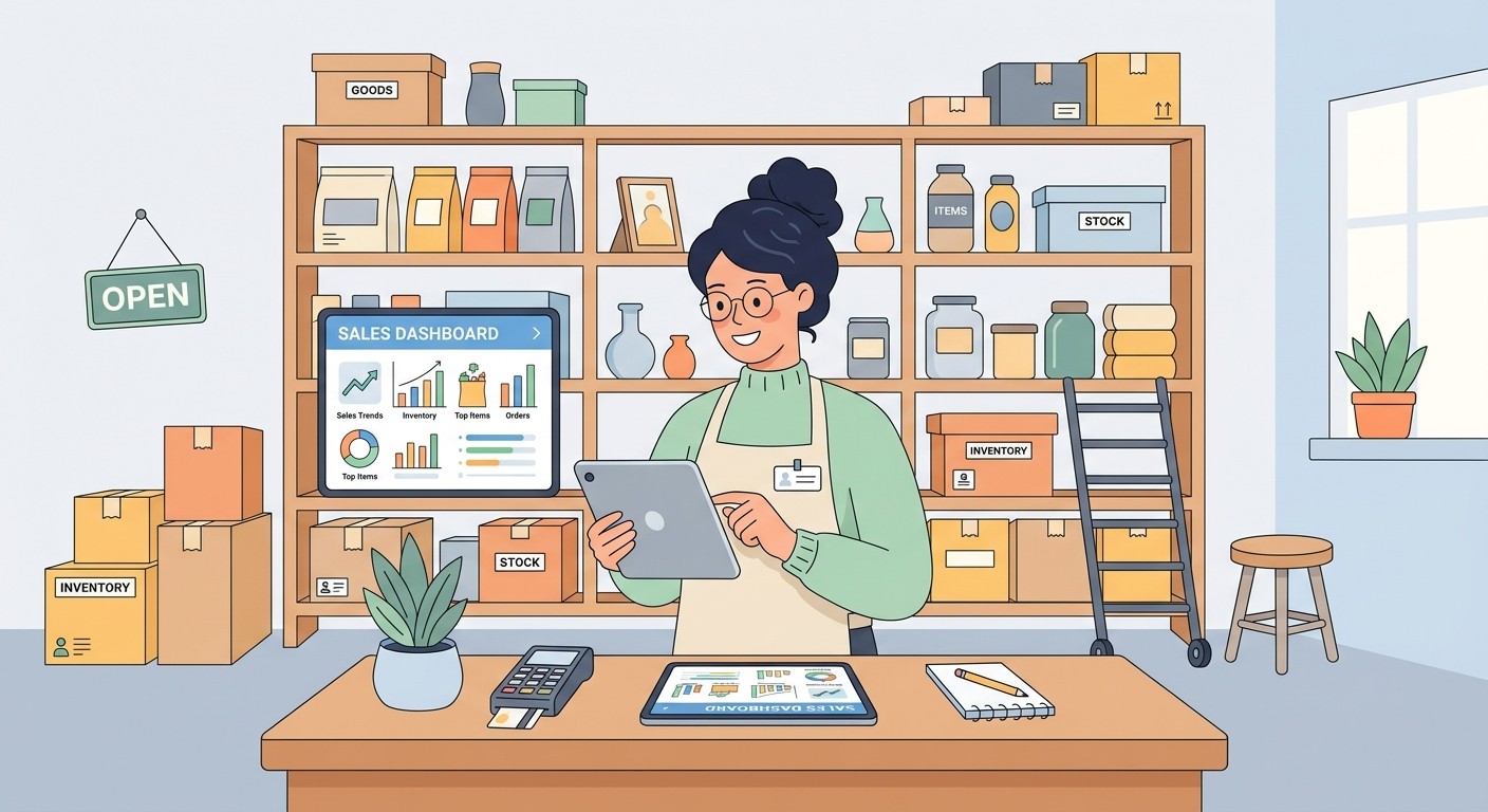 Small business owner reviewing an inventory and sales dashboard on a tablet
