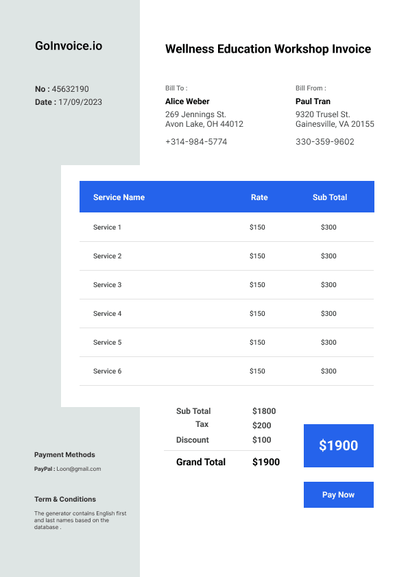 Wellness Education Workshop Invoice