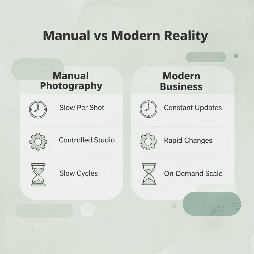 Two-column comparison infographic showing manual photography limitations versus modern business demands