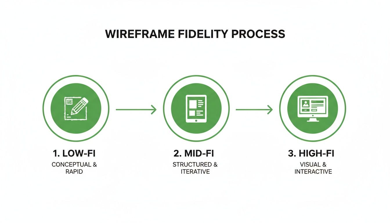 A diagram showing the wireframe fidelity process: low-fi, mid-fi, and high-fi stages with descriptions.