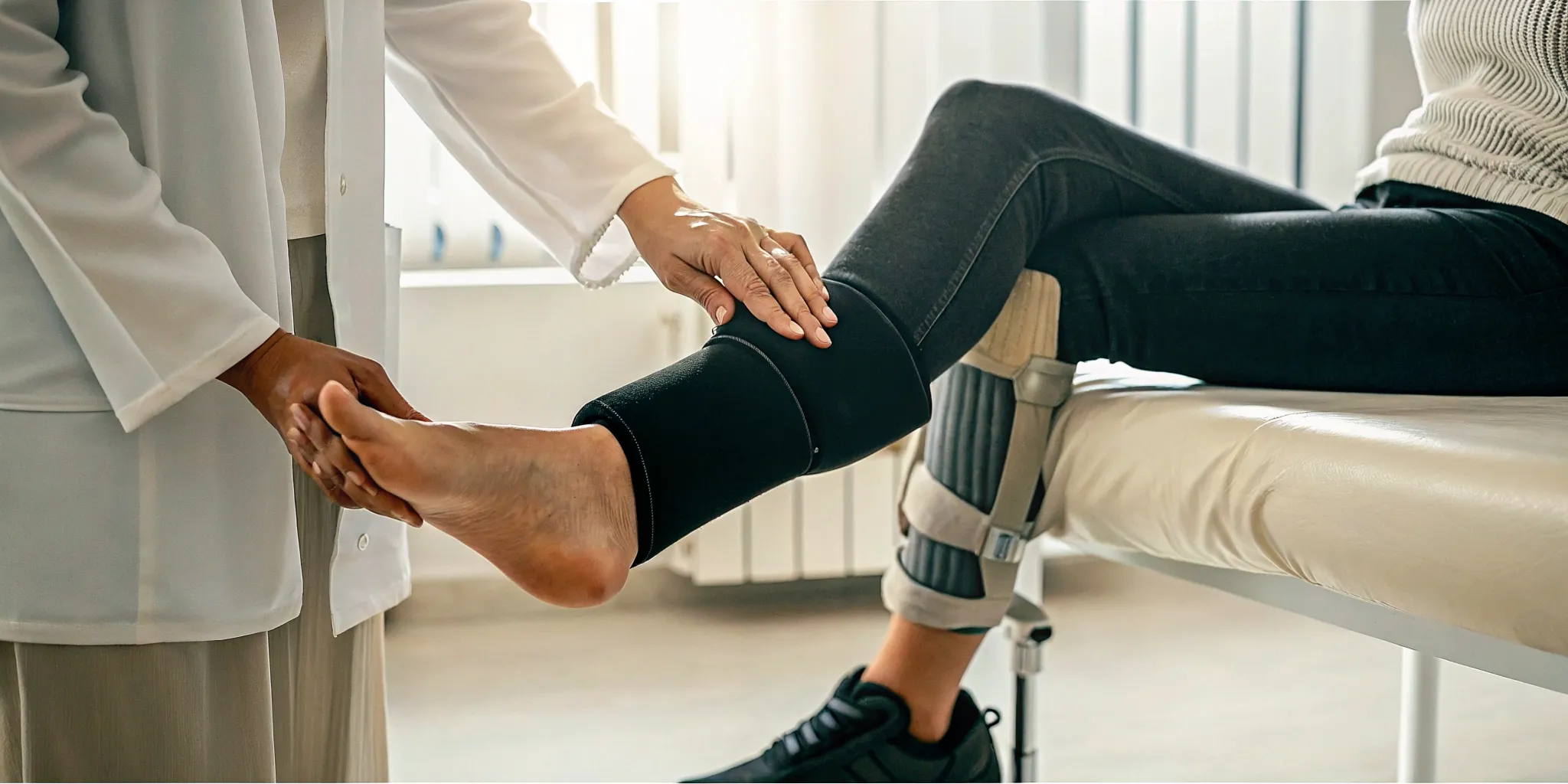 Doctor examining a patient's ankle for soreness.
