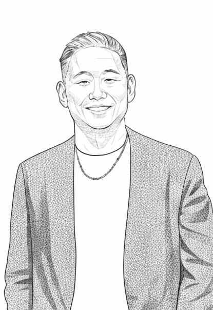 Portrait of a person in a pink sweater against a light background