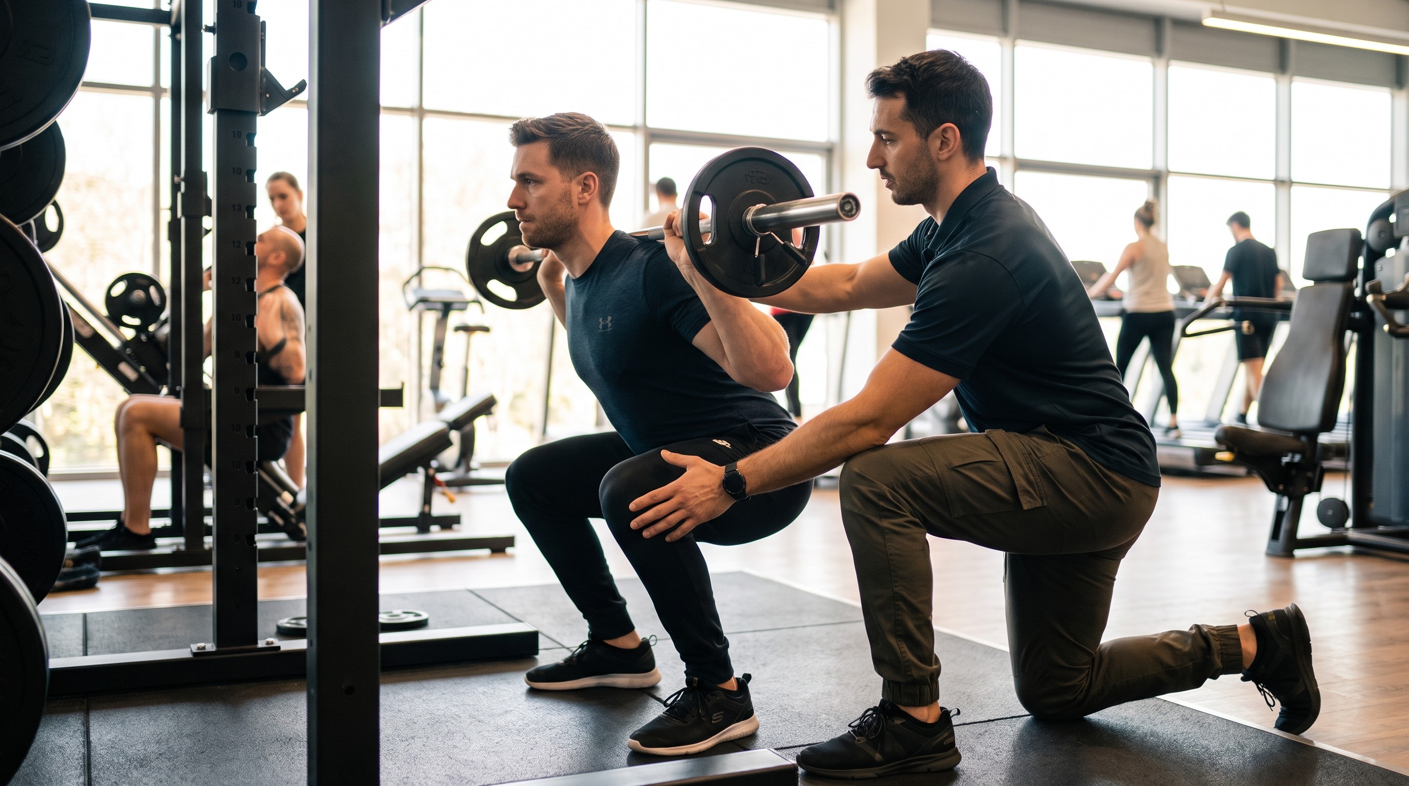 Istruttore powerlifting AIF corregge tecnica squat in palestra attrezzata