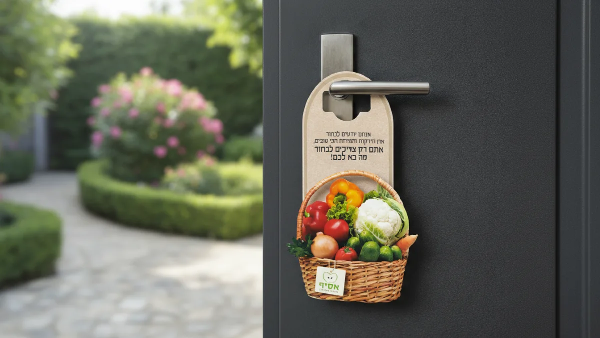 דוגמה להפצת תלי-דלת מעוצב של חברת עלונים על ידית דלת כניסה, המציע שיטת פרסום יצירתית ובולטת המגיעה ישירות לידיים של הלקוח בפתח ביתו.