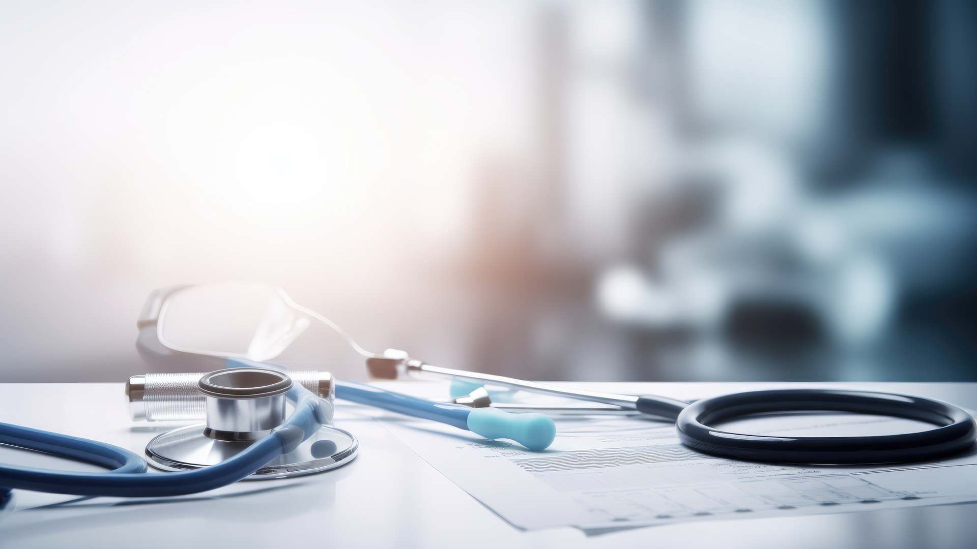 Stethoscope, safety glasses and medical charts on a white desk in a bright clinical setting
