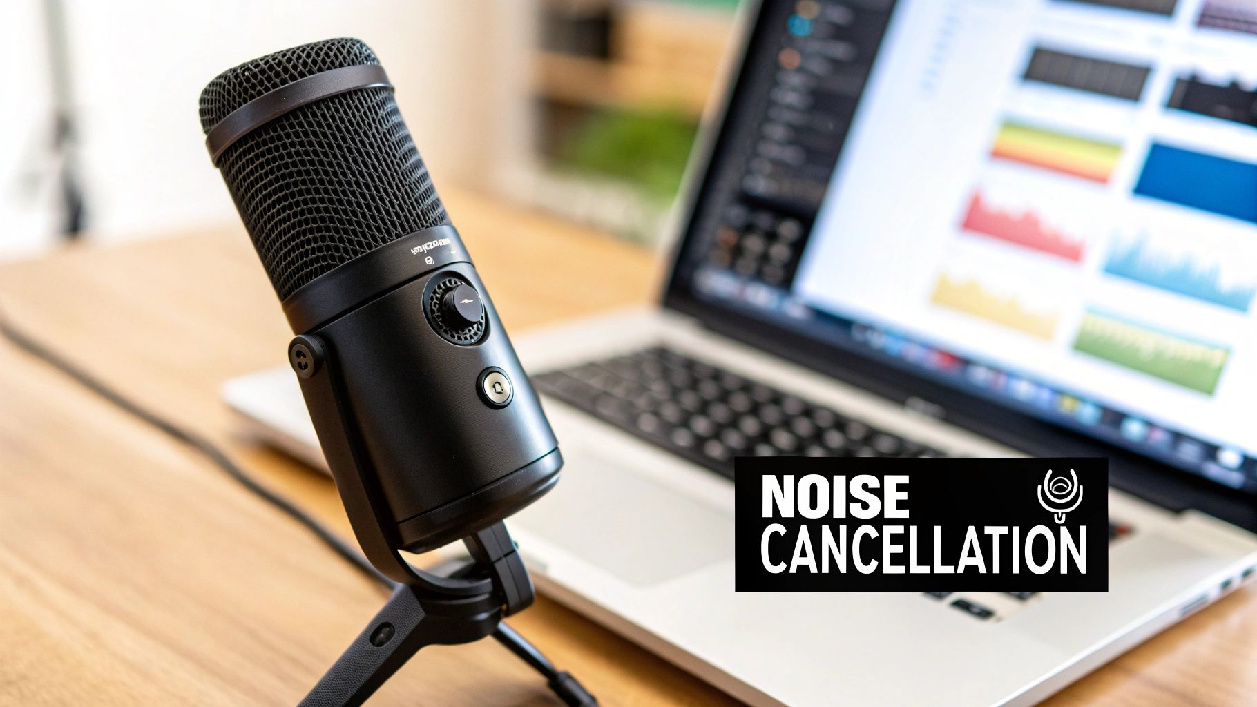 A sleek desktop microphone positioned next to a laptop displaying sound waves.