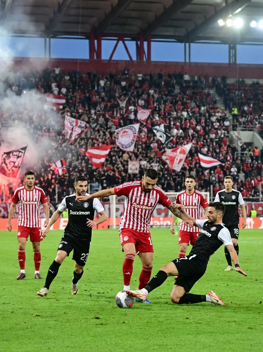 Intense match action between Olympiacos and OFI Crete at a vibrant stadium.