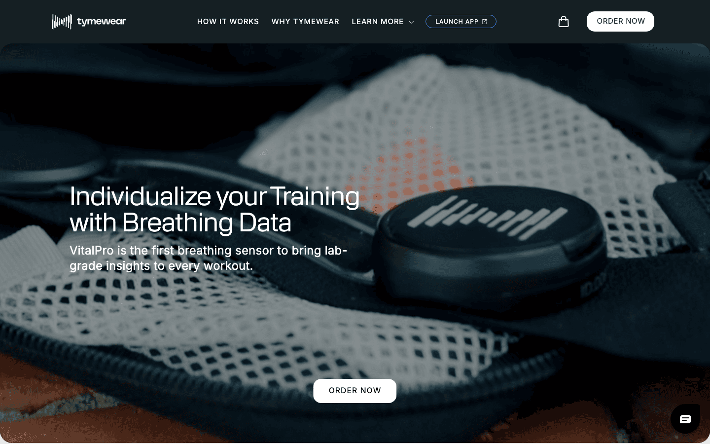 Tymewear website (tymewear.com), showing the VitalPro breathing sensor