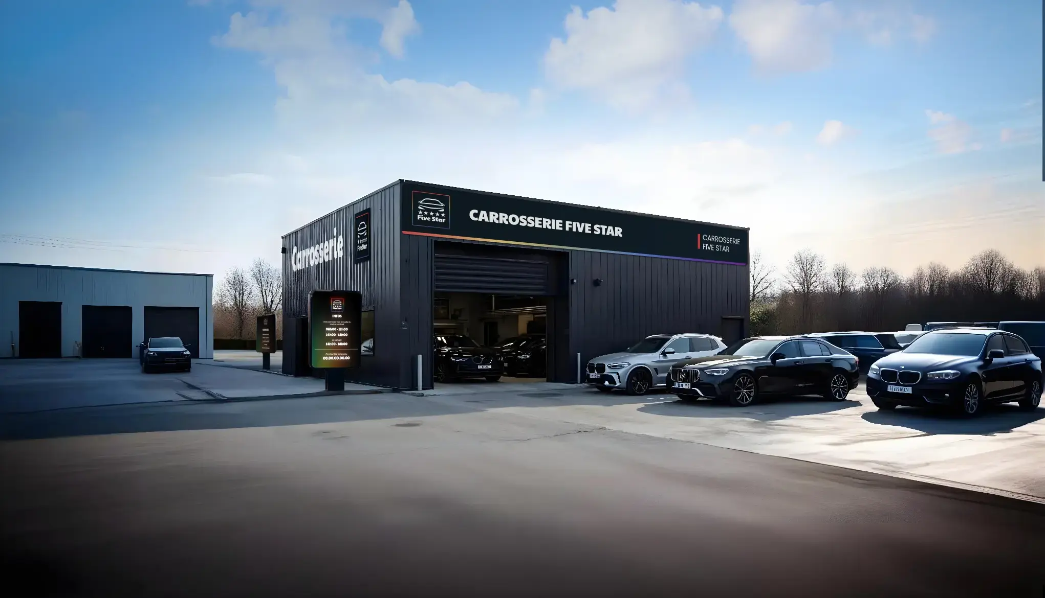 Parking d'une carrosserie du réseau Five Star