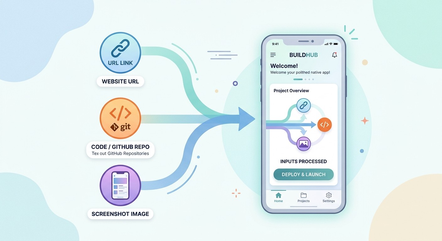 Three input methods, a URL, a code repository, and a screenshot, converging into one native mobile app