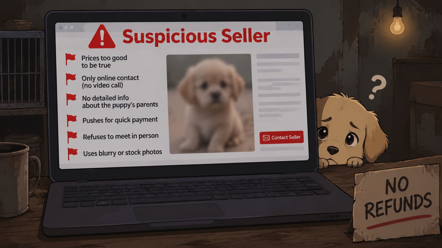 A laptop screen warning about suspicious puppy sellers with an illustration of a sad puppy nearby.