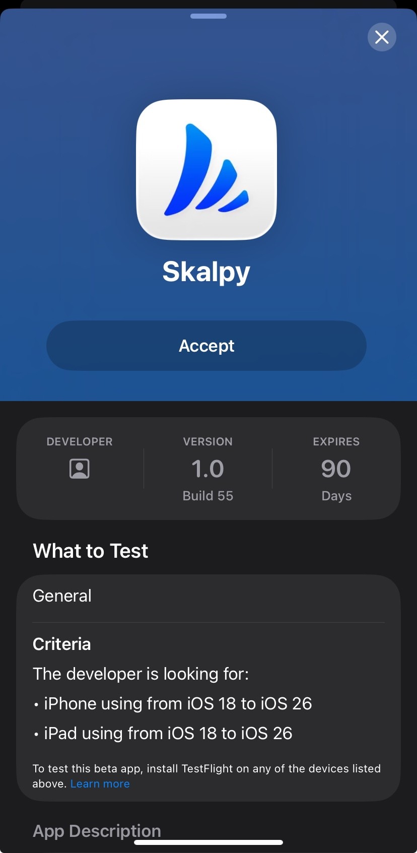 Skalpy iOS Testflight