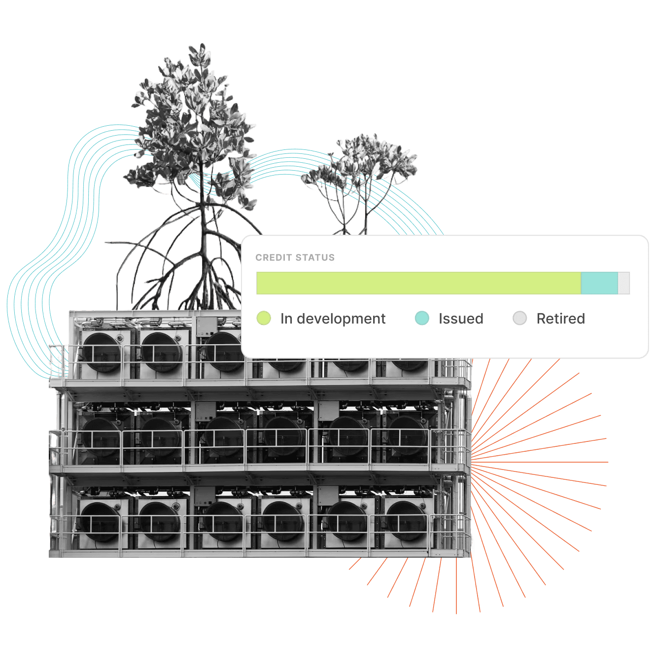 Collage-style illustration featuring different types of carbon removals and a credit tracker.