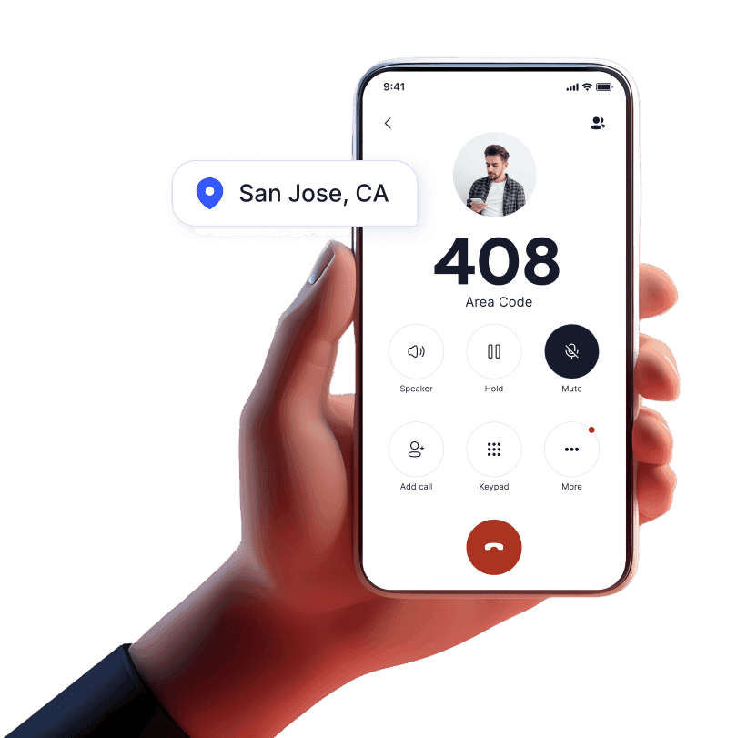 Hand holding mobile device with incoming call from 408 area code using LinkedPhone 2nd phone number mobile app