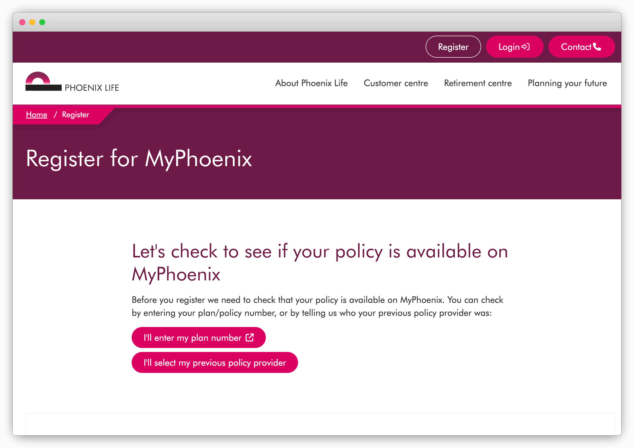 MyPhoenix registration page offering a policy-number or previous-provider search