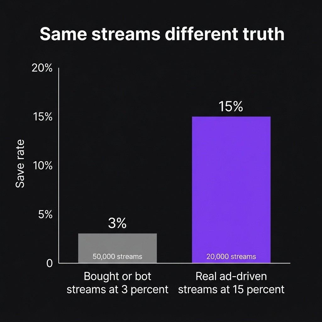 Bar chart comparing save rate of bought streams versus real ad-driven streams