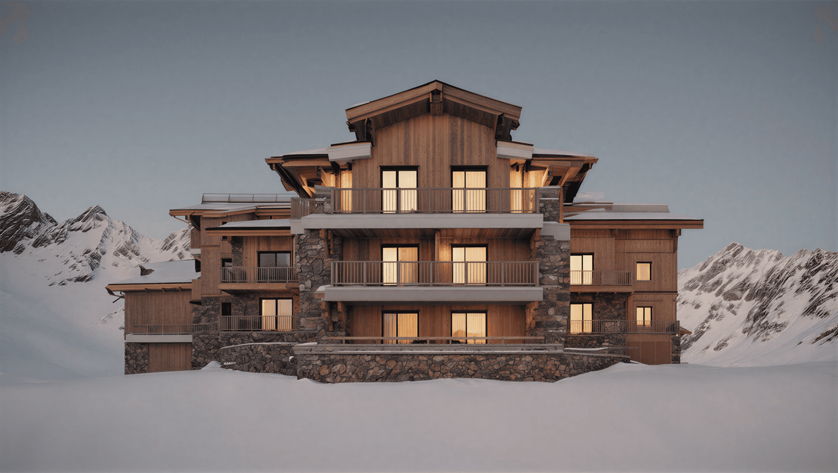 Alpine hotel exterior at dusk, stone and timber facade with lit windows