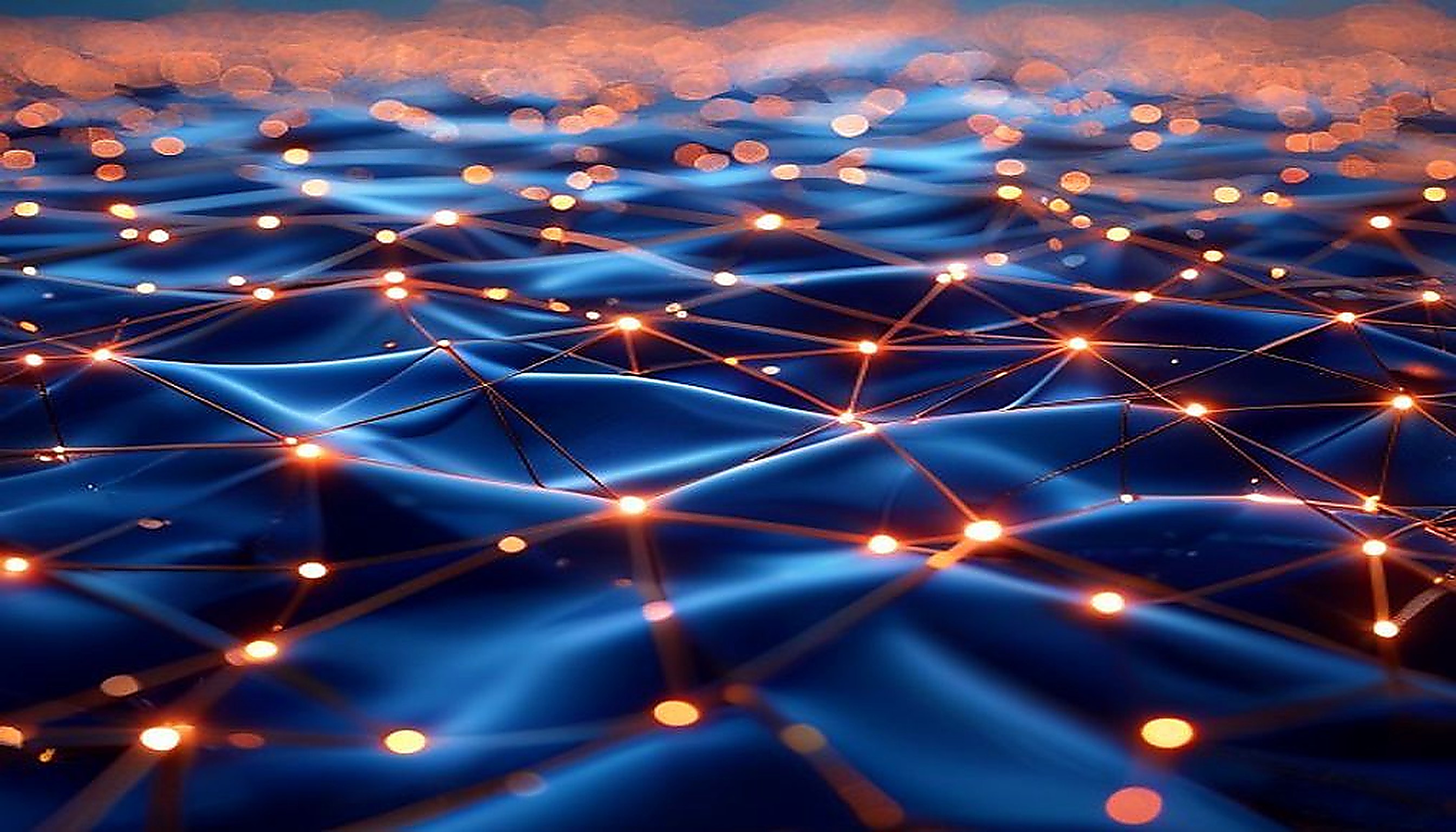 Glowing nodes forming an ordered lattice from scattered points, visualising how UI structure emerges from design decisions.