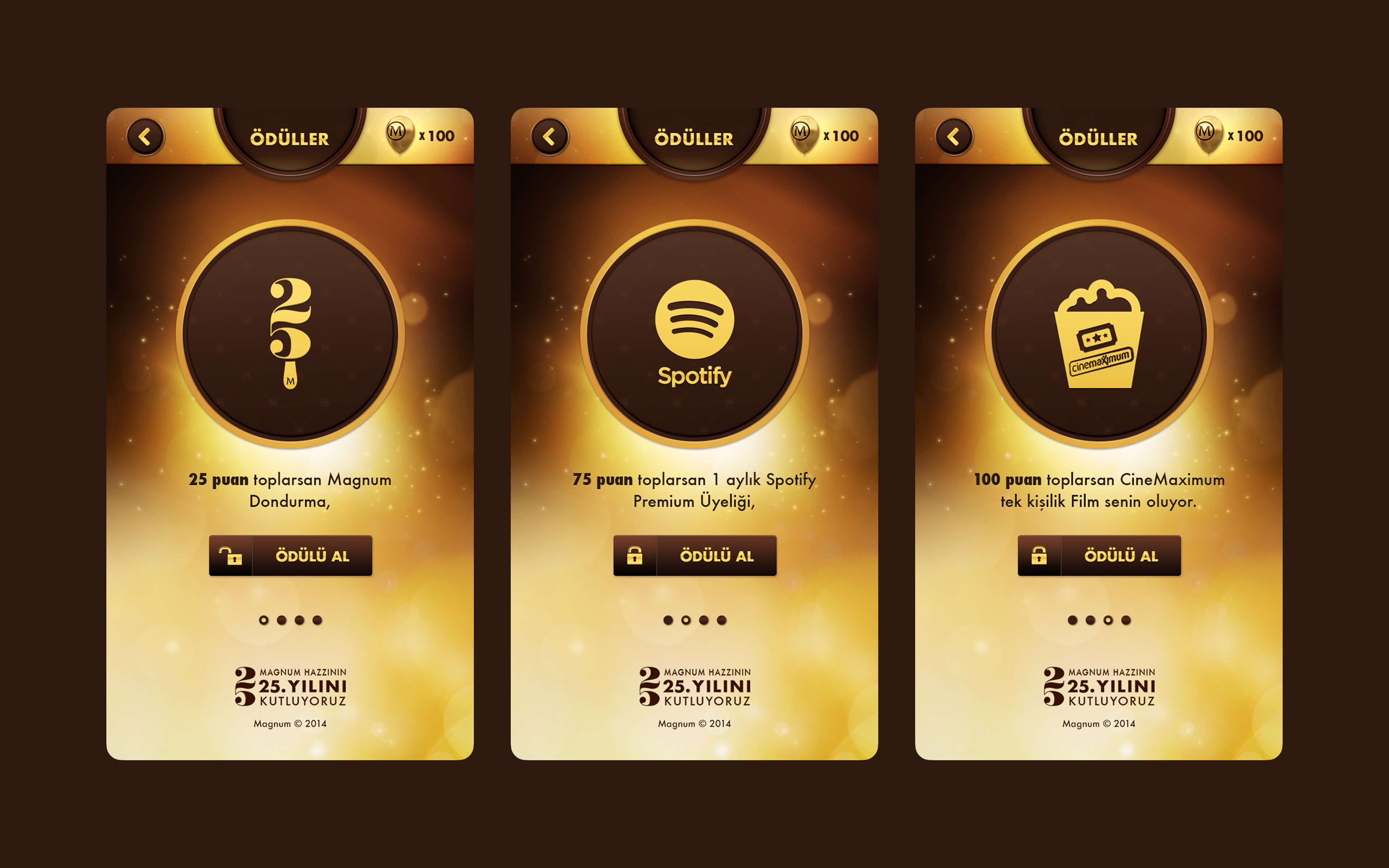 Magnum 25th anniversary app rewards screens showing point-based prizes: 25 points for ice cream, 75 for Spotify, 100 for CineMaximum ticket; golden theme.