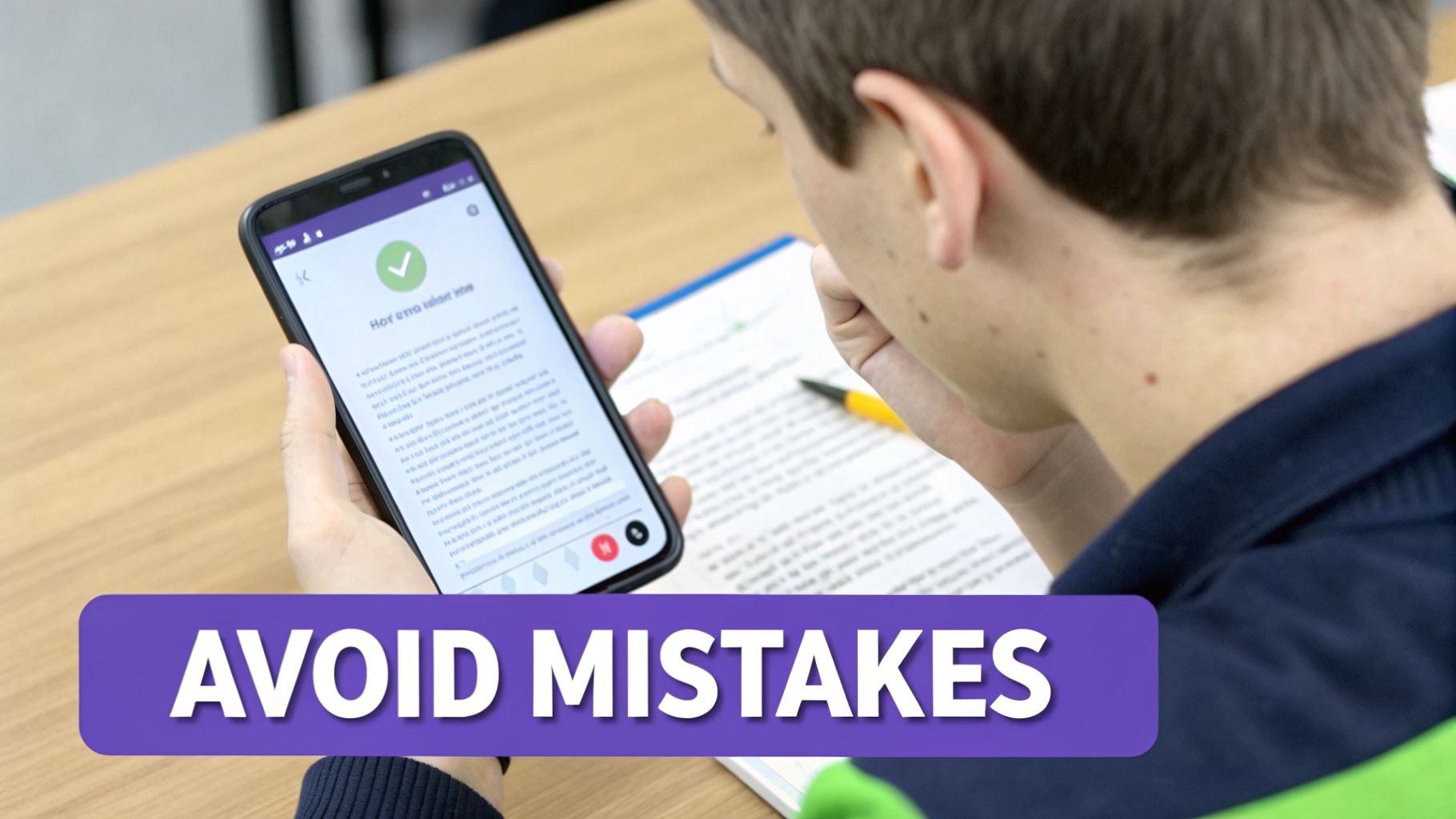 Person studying information on a smartphone with a green checkmark and a paper document, aiming to avoid mistakes.