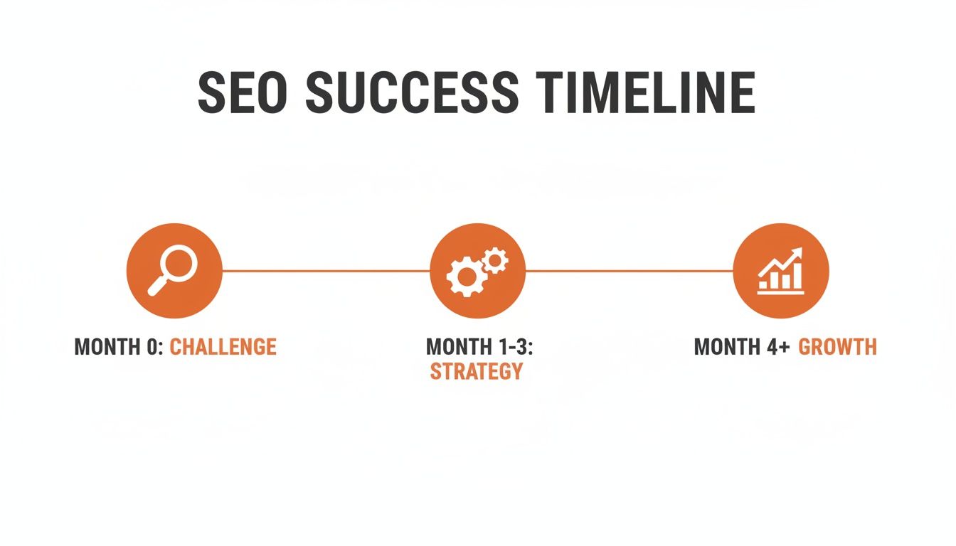 Timeline illustrating SEO success phases: challenge, strategy, and growth over months 0 to 4+.