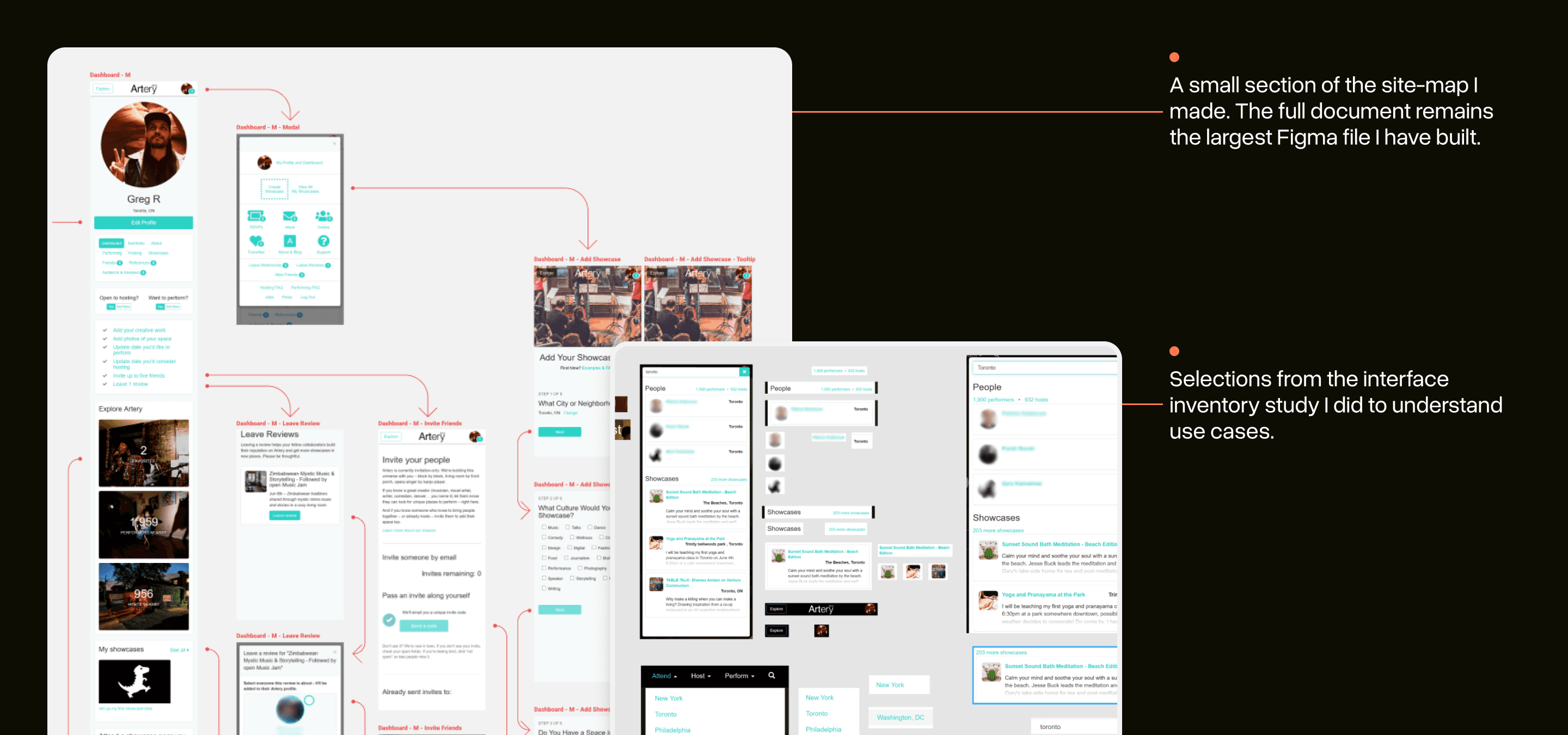 A selection of images highlighting two processes I used to understand usage of the current components: a large sitemap highlighting various flows and an interface inventory study.