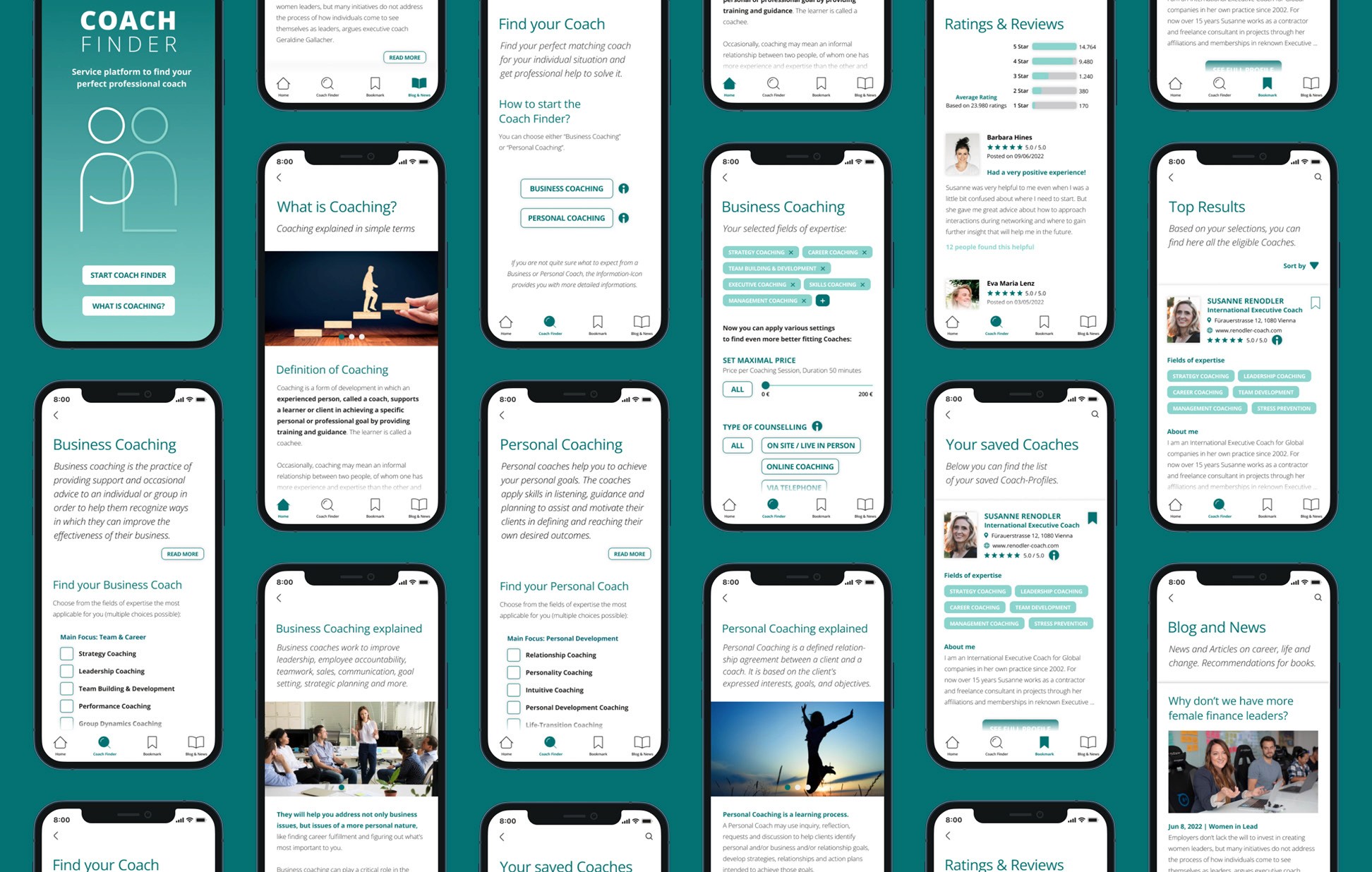 MockUps Coachfinder App, viele Screens der App unterschiedlich angeordnet
