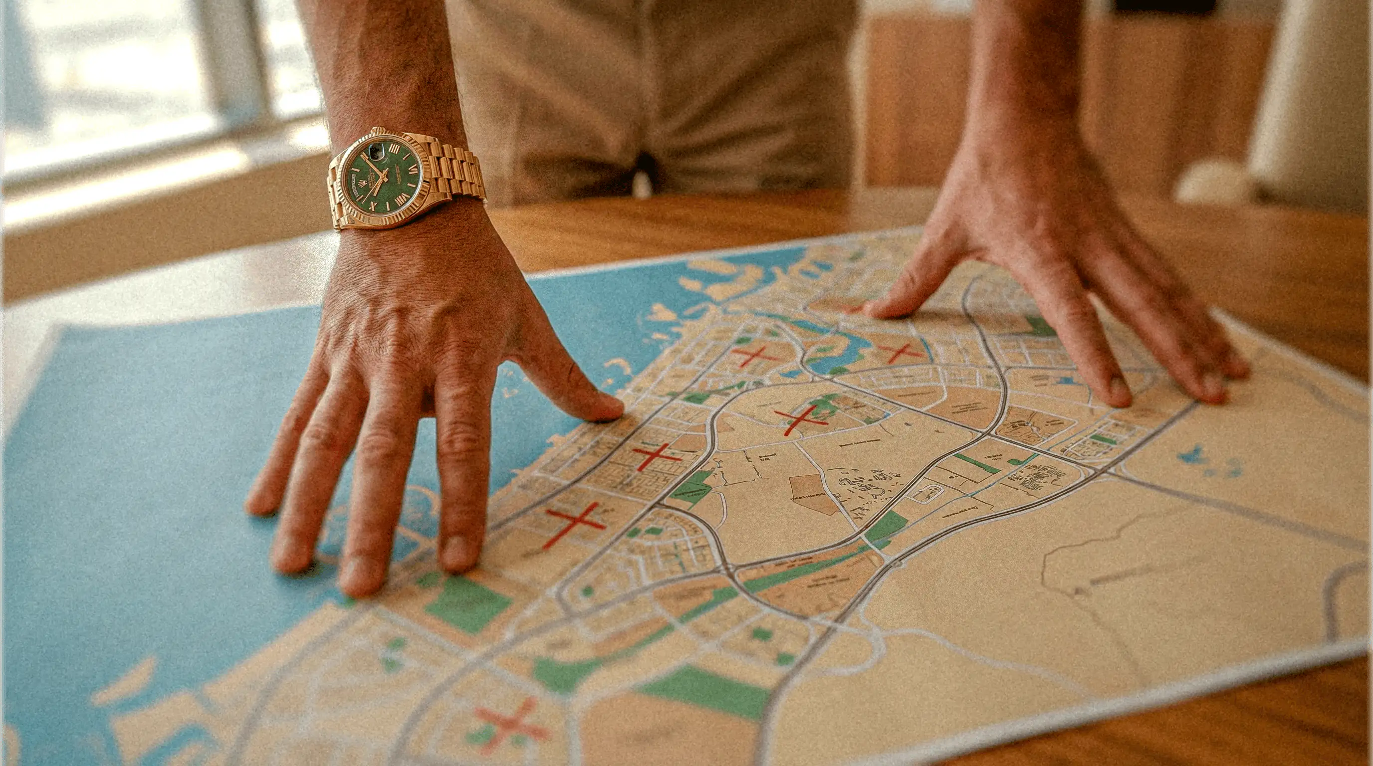 Manos analizando un mapa de Dubái con zonas marcadas para la toma de decisiones de inversión inmobiliaria.