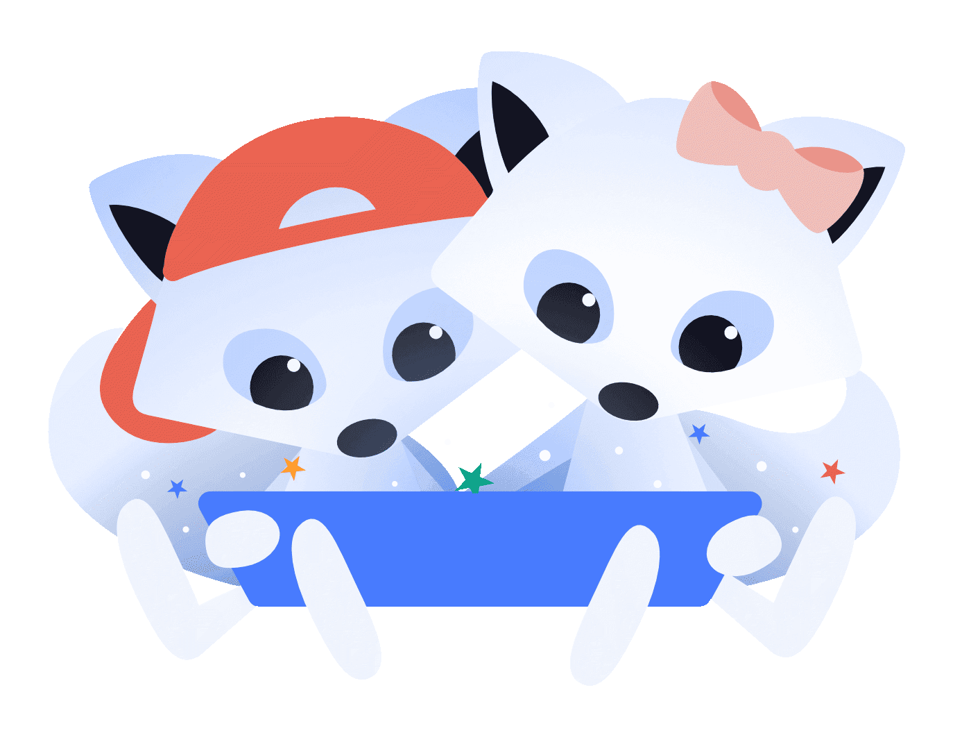 Mynd sýnir tvo littla Undralings rebba vera að lesa saman í appinu. En hægt er að stilla allar sögupersónur í bókum Undralings svo að margir geta lesið saman.