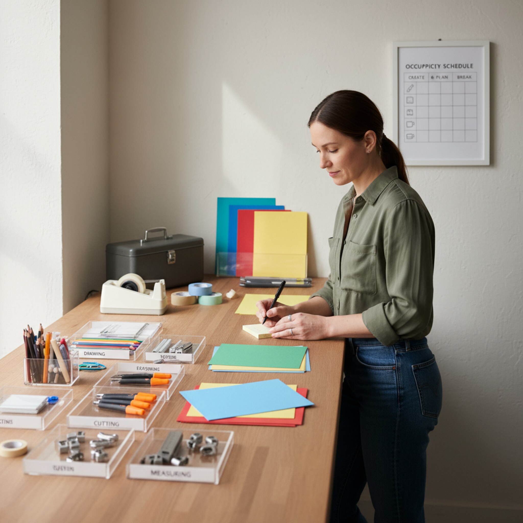 Auf einem sauberen Tresen liegt ordentlich sortiertes Werkstattmaterial, daneben ein dezenter Belegungsplan an der Wand. Eine Person notiert Zeiten auf einem Block, die Umgebung ist ruhig und strukturiert. Ein Moment der Planung, der Verbindlichkeit spürbar macht.