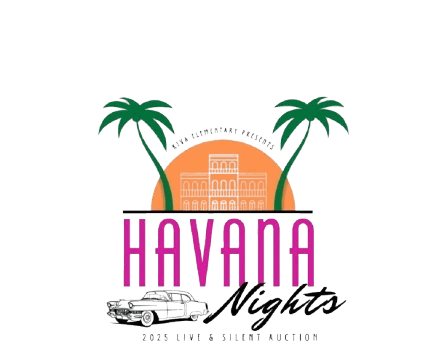 Two green palm trees frame a vibrant pink and black "Havana Nights" logo with a classic car illustration and an orange sunset background.