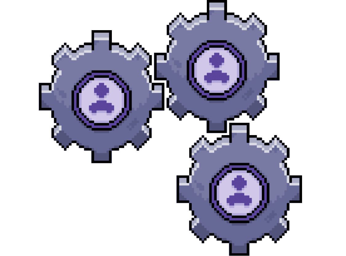 Three purple interlocking pixel gears, each with a person icon.