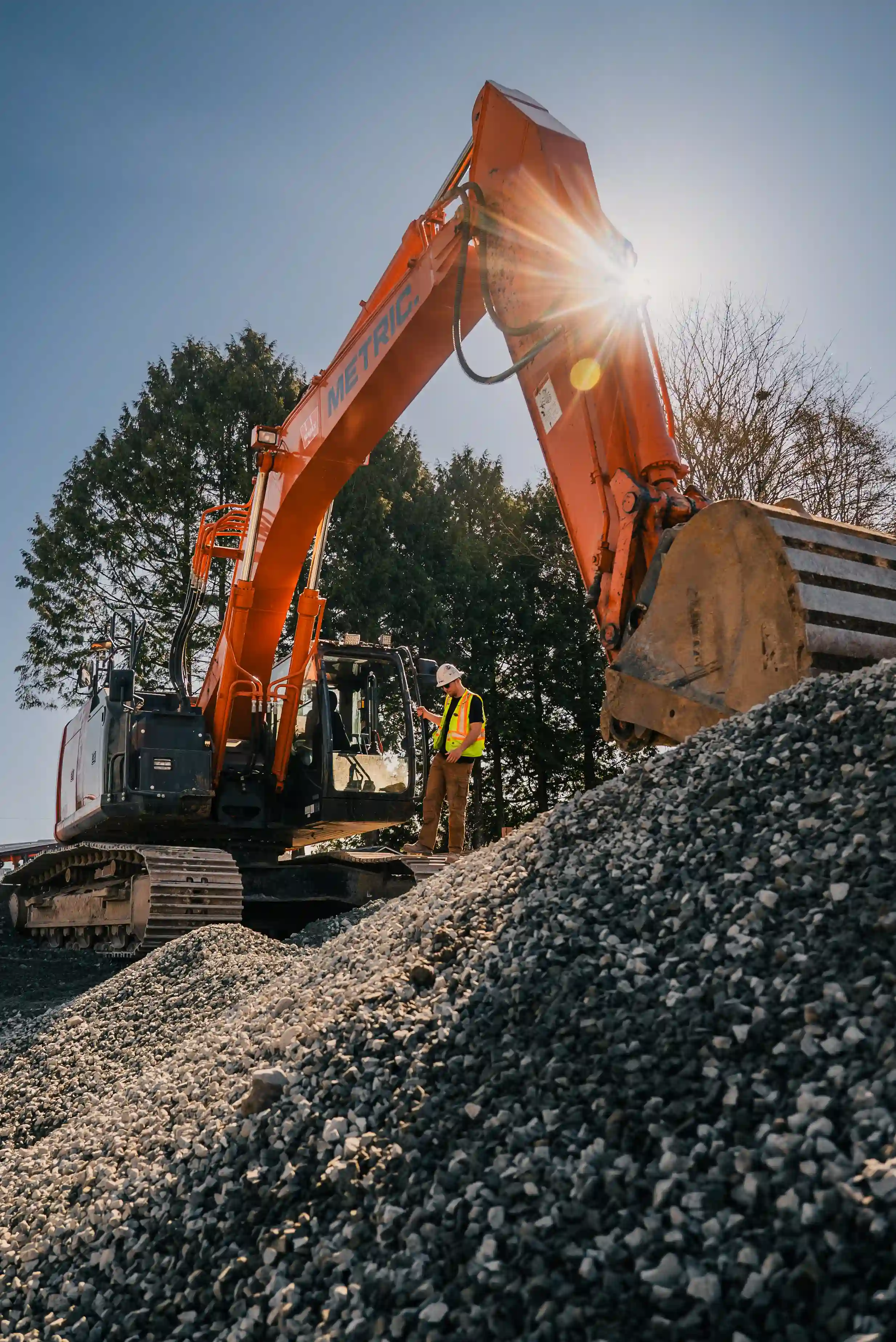 Aerial view of an excavator working at a construction site for METRIC. Civil Contracting